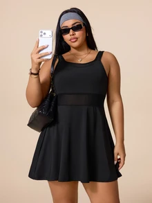 Rhythm Era Women's Plus Size Solid Color Sleeveless Sports Dress With Shorts - Black - View 7