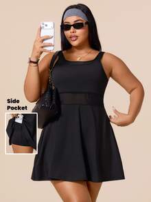 Rhythm Era Women's Plus Size Solid Color Sleeveless Sports Dress With Shorts - Black - View 1