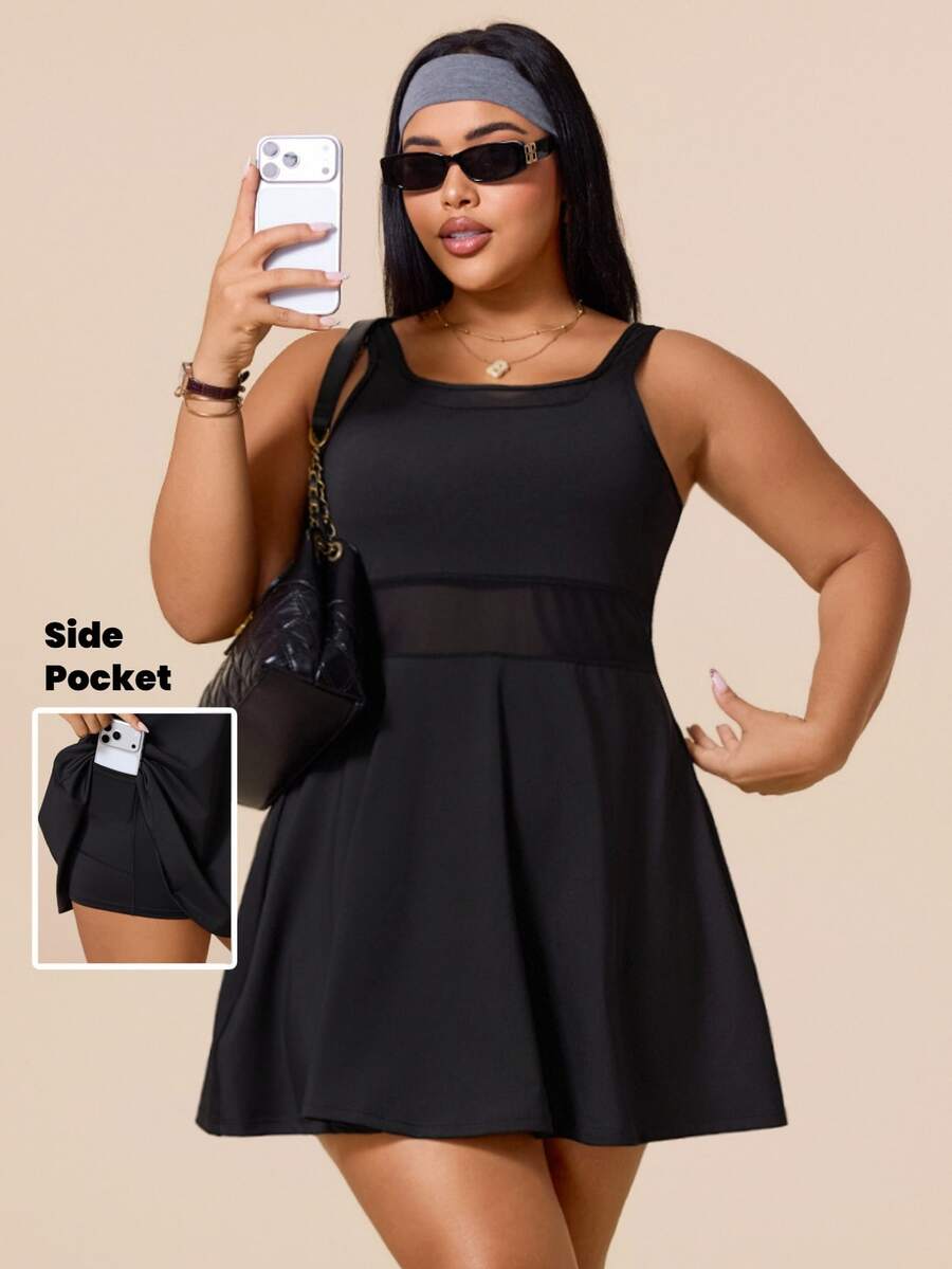 Rhythm Era Women's Plus Size Solid Color Sleeveless Sports Dress With Shorts - Black - View 1