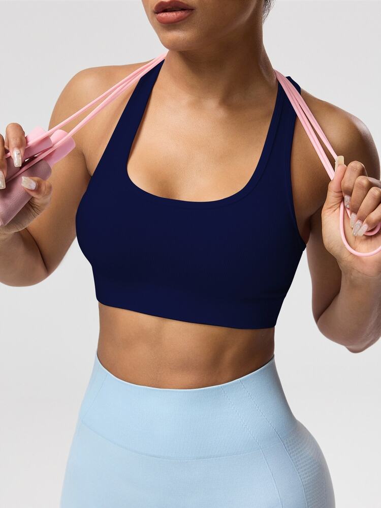 Solea Cove Solea Cove Women's Navy Blue Seamless Sports Bra Built In Bra,Sleeveless Yoga Racerback Tank Top Cropped Workout Gym Summer Athleisure Solid Color Royal Blue - Navy Blue - View 7
