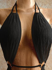 Mistrie 女款黑色夏季70年代純色掛脖綁帶露背派對長洋裝，熱帶花卉印花垂領荷葉邊不對稱雪紡度假度假風 - 黑色 - 查看 7