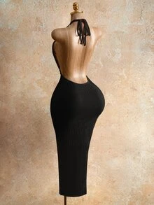 Mistrie 女款黑色夏季70年代純色掛脖綁帶露背派對長洋裝，熱帶花卉印花垂領荷葉邊不對稱雪紡度假度假風 - 黑色 - 查看 4