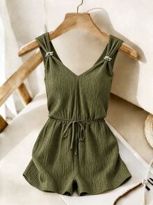 SHEIN Franclia Women's Metal Buckle Textured Tie-Up Ruched Romper Beach Vacation Olive Green Summer Casual Tropical - Army Green - View 3