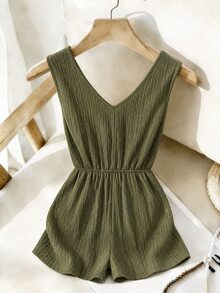 SHEIN Franclia Women's Metal Buckle Textured Tie-Up Ruched Romper Beach Vacation Olive Green Summer Casual Tropical - Army Green - View 2