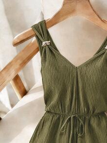 SHEIN Franclia Women's Metal Buckle Textured Tie-Up Ruched Romper Beach Vacation Olive Green Summer Casual Tropical - Army Green - View 4
