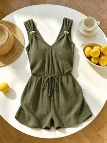 SHEIN Franclia Women's Metal Buckle Textured Tie-Up Ruched Romper Beach Vacation Olive Green Summer Casual Tropical - Army Green - View 1