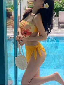 Livesso Women's Yellow Printed Bandeau Bikini 3 PiecesSwimsuit - Yellow - View 4