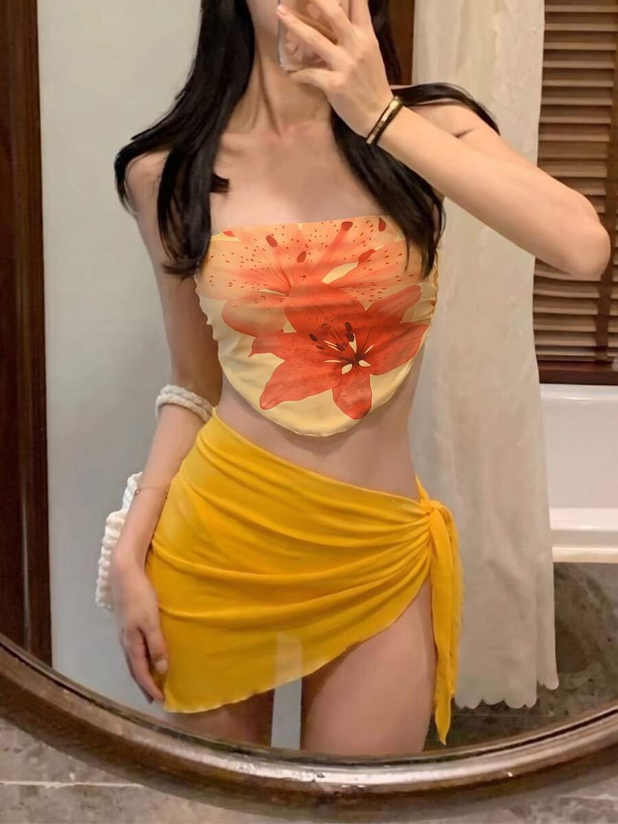 Livesso Women's Yellow Printed Bandeau Bikini 3 PiecesSwimsuit - Yellow - View 1