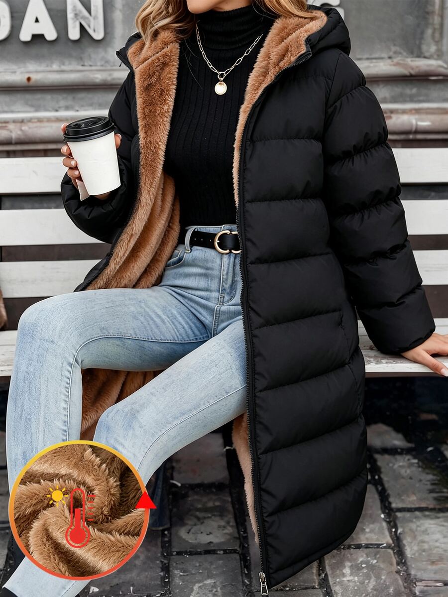 SHEIN 1件青少年女孩中長款加厚外套，長袖，抓絨，休閒寬鬆百搭，秋冬款，假日工作黑色