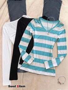 SHEIN Sparklyn Kaos Lengan Panjang Kasual Serbaguna untuk Sehari-hari dengan Leher V dan Desain Blok Warna untuk Remaja Perempuan - MultiWarna - View 1