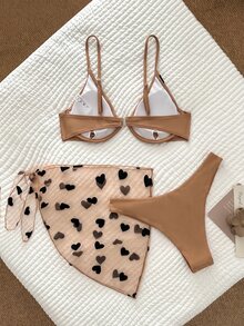 SHEIN Swim 3 件套心形印花钢圈文胸和比基尼套装下装和罩衫裙比基尼套装，夏季海滩泳衣 - 杏色 - 查看 2