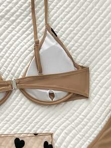 SHEIN Swim 3 件套心形印花钢圈文胸和比基尼套装下装和罩衫裙比基尼套装，夏季海滩泳衣 - 杏色 - 查看 4
