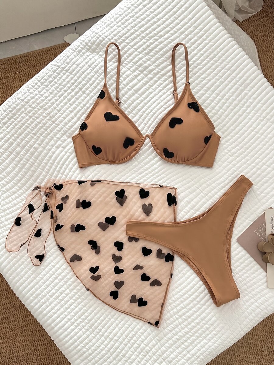 SHEIN Swim 3 件套心形印花钢圈文胸和比基尼套装下装和罩衫裙比基尼套装,夏季海滩泳衣 - 杏色 - 查看 1