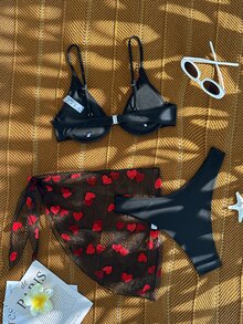 SHEIN Swim 夏日沙灘心形印花鋼圈比基尼套裝，附沙灘裙 - 黑色 - 查看 2