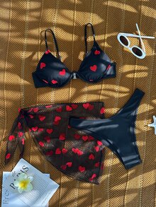 SHEIN Swim 夏日沙灘心形印花鋼圈比基尼套裝，附沙灘裙 - 黑色 - 查看 1