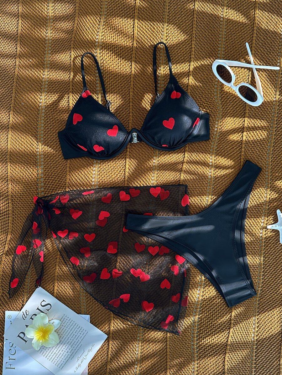 SHEIN Swim 夏日沙灘心形印花鋼圈比基尼套裝,附沙灘裙 - 黑色 - 查看 1