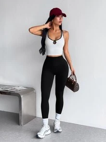 SHEIN Sports Women's Colorblock Slim Fit Versatile Daily Casual Sports T-Shirt - White - View 4