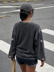 Muchica 大尺碼酸洗感復古針織破洞鬆款長袖T恤 - 深灰色 - 查看 2
