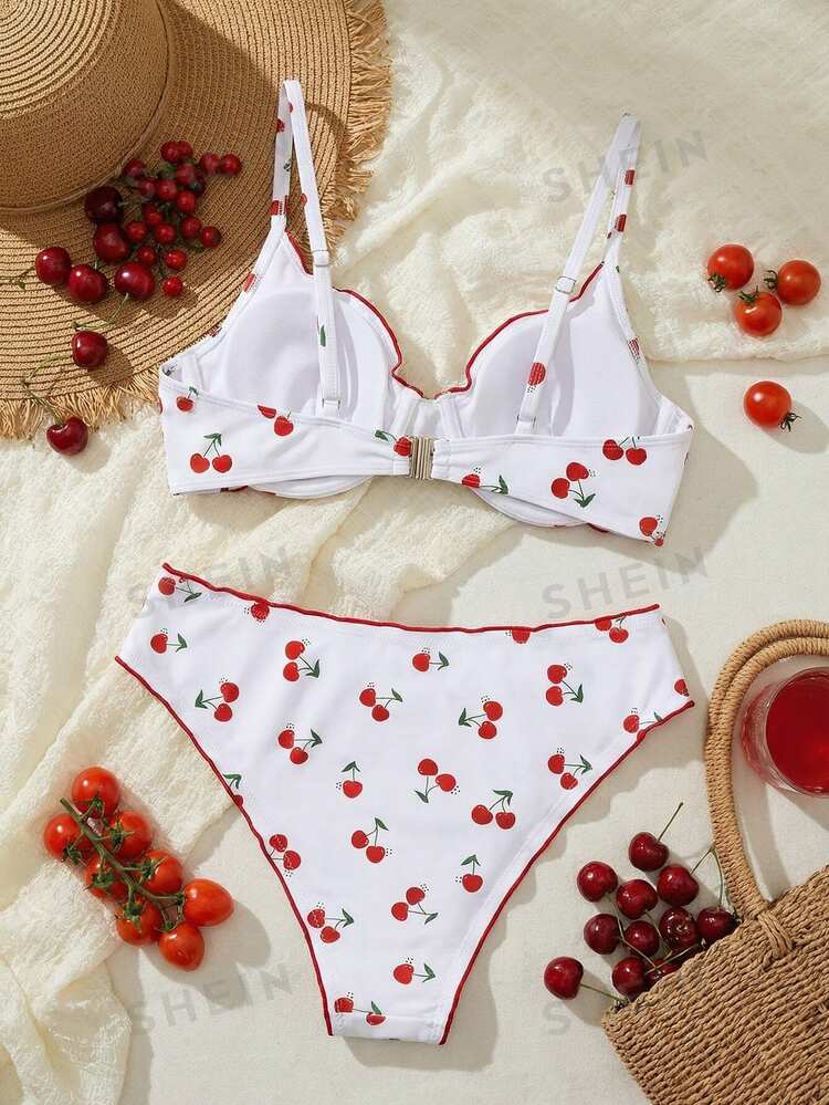 Swim Mod 2pcs/Set Plus Size Women Random Print Gather Swimwear, Sexy Spaghetti Strap Tankini Swimwear For Summer Beach Vacation - White - View 3