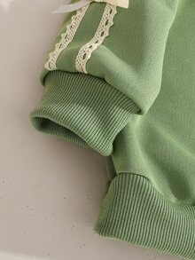 SHEIN Girls Leopard Print Bow Pattern Printed Trim Bow Decor Casual Fashion Crew Neck Long Sleeve Sweatshirt, Suitable For Autumn - Green - View 7