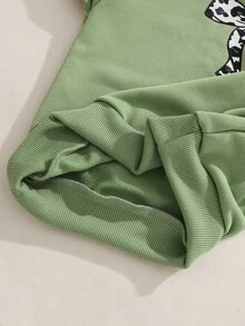 SHEIN Girls Leopard Print Bow Pattern Printed Trim Bow Decor Casual Fashion Crew Neck Long Sleeve Sweatshirt, Suitable For Autumn - Green - View 8