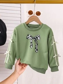 SHEIN Girls Leopard Print Bow Pattern Printed Trim Bow Decor Casual Fashion Crew Neck Long Sleeve Sweatshirt, Suitable For Autumn - Green - View 5