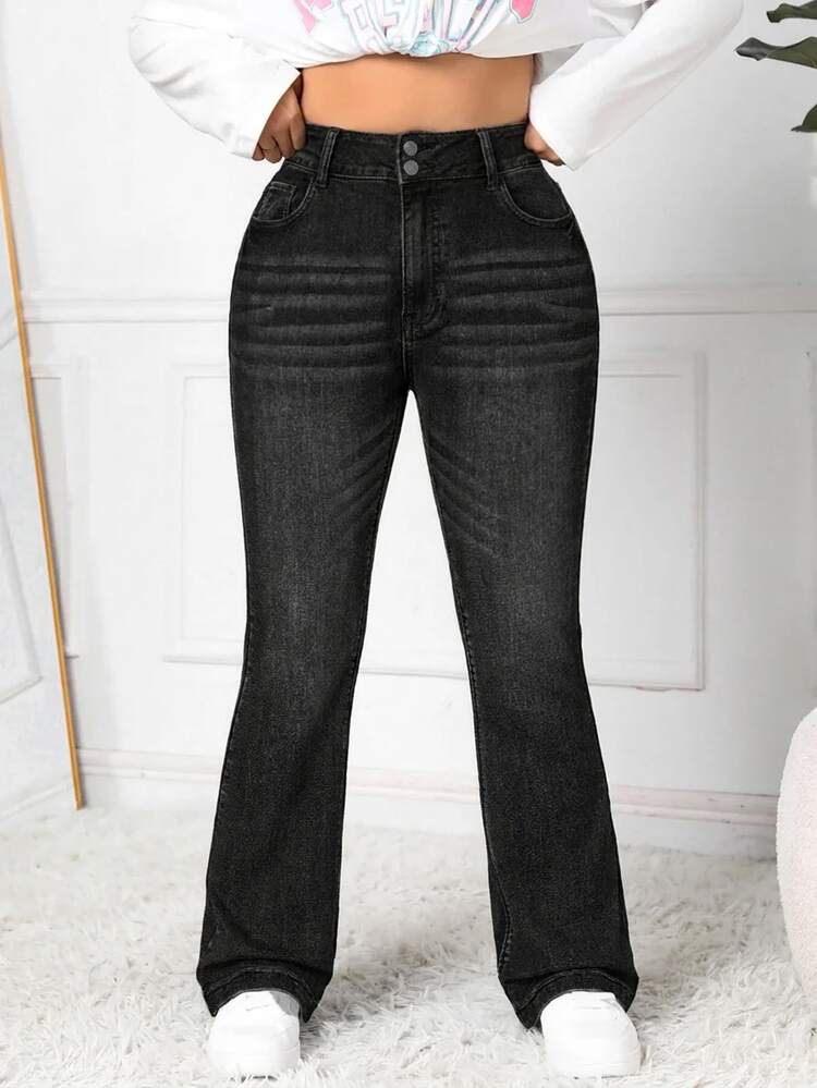 SHEIN PETITE CURVE Plus Size Women Grey Denim Flare Jeans Dates Brunch Summer Business Casual Casual Baggy Elegant Formal Going Out - Black - View 3