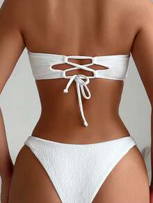 SHEIN Swim 無肩帶二件式比基尼套裝，無線，適用於夏季海灘 - 白色 - 查看 2