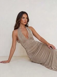 Aloruh 女款深V領百褶休閒性感優雅派對夜店掛脖洋裝 綠松石色 夏季 - 卡其色 - 查看 7