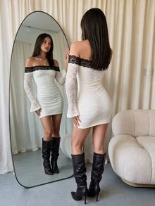 Franclia Minimalist Sexy Black & White Contrast Lace Tube Bandeau Ruched Waist Flared Long Sleeve Bodycon Mini Dress For Women - White - View 7