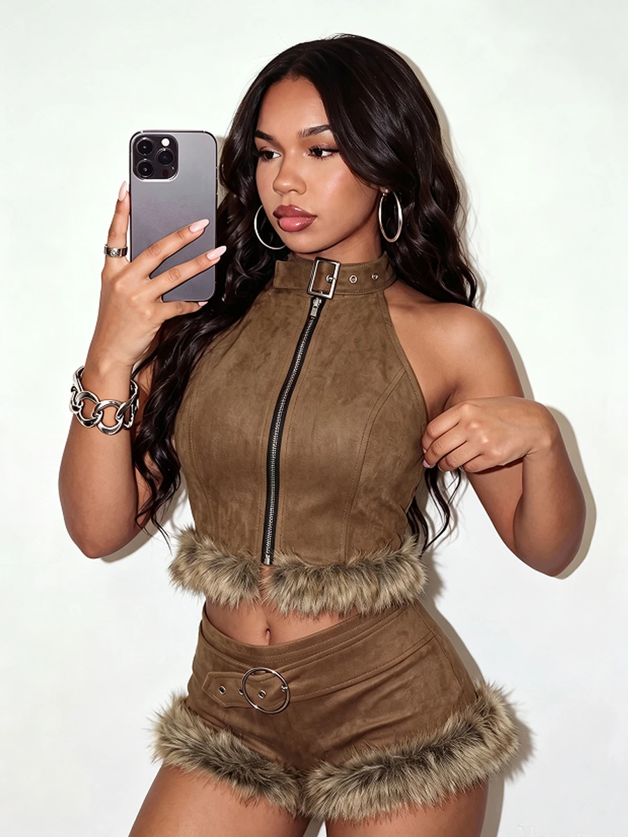 SHEIN BamGlam New Bottom Bohemian Shorts With Faux Fur Patchwork And Grommet-Decorated Belt, Y2K Retro Multifuncti