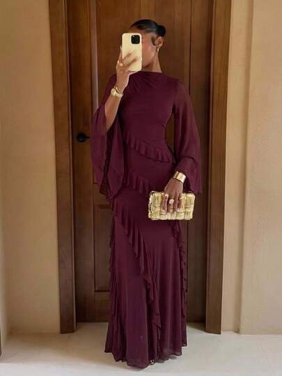 Lumalex Burgundy Elegant Autumn Evening Dress For Women With Ruffle Long Sleeves, Mesh Sheer Sleeves, Valentine's Day Birthday Wedding Holiday Gown, Graceful Vintage Tulle Formal Dress, Suitable For Wedding Guests, Banquets, Holiday Parties And Other Occasions, Tie-Up Bell Sleeves Ball Gown