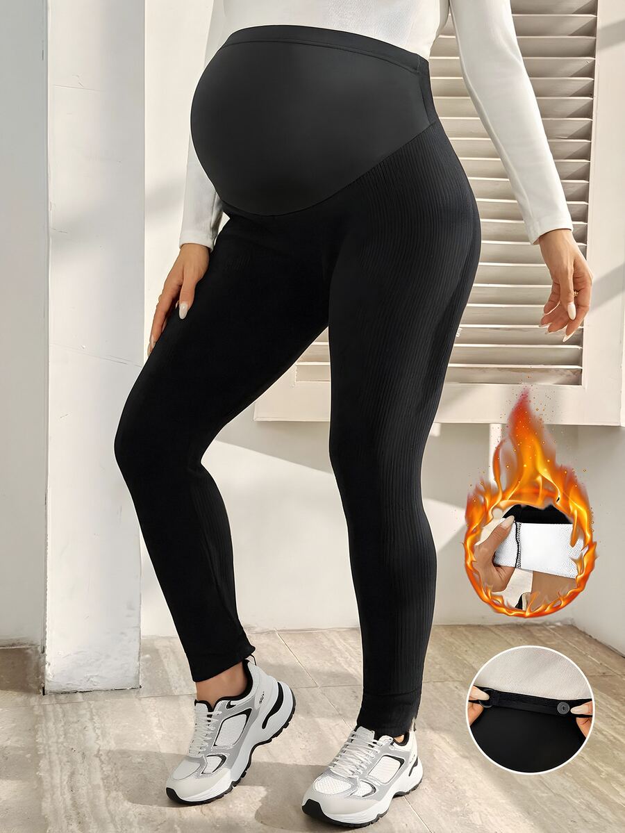 SHEIN Maternity Simple All-Match Versatile Adjustable Waist Leggings Winter - Black - View 1