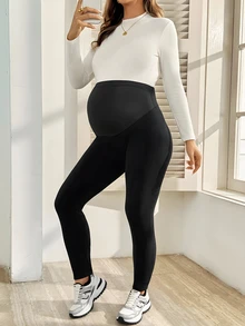 SHEIN Maternity Simple All-Match Versatile Adjustable Waist Leggings Winter - Black - View 7