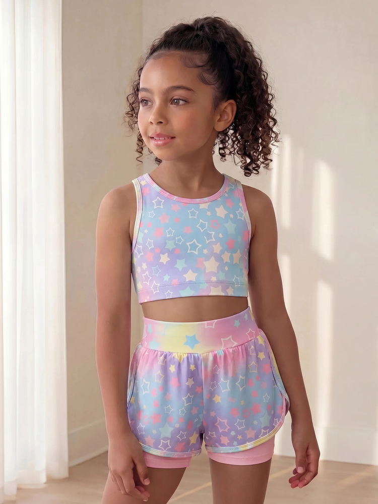 SHEIN Young Girls Tank Top Sports Outfit Set, Baby Blue Leopard Print Pants, Training Outfit Set, Running Outfit, 7th Birthday Summer - Multicolor - View 3