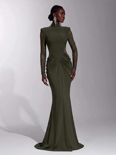 Elitara Elegant Romantic Sexy Minimalist Olive Green Knitted Elastic Long Sleeve Waist Cutout Backless Cinched Waist Fitted Ruched Mermaid Hem Fashionable Influencer Holiday Vacation Birthday Party Wedding Event Bridesmaid Dress