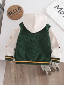 SHEIN 男童時尚休閒拼色數字與英文刺繡厚款連帽衛衣夾克，棒球夾克，適合日常休閒、街頭、校園、運動，秋冬/冬季，外套 - 綠色 - 查看 2