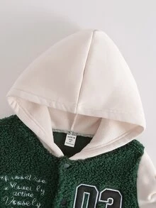 SHEIN 男童時尚休閒拼色數字與英文刺繡厚款連帽衛衣夾克，棒球夾克，適合日常休閒、街頭、校園、運動，秋冬/冬季，外套 - 綠色 - 查看 8
