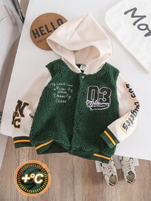 SHEIN 男童時尚休閒拼色數字與英文刺繡厚款連帽衛衣夾克，棒球夾克，適合日常休閒、街頭、校園、運動，秋冬/冬季，外套 - 綠色 - 查看 4