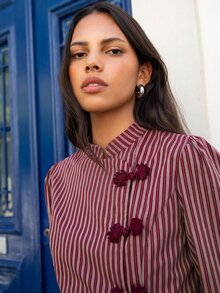 Nöista  Burgundy Striped,Chinese-Style Diagonal-Front Top, Urban Simplicity Elegance. Comfortable,Commuting,Quintessential Wardrobe,Fall Winter,Going Out - Apricot - View 8