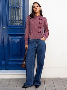 Nöista  Burgundy Striped,Chinese-Style Diagonal-Front Top, Urban Simplicity Elegance. Comfortable,Commuting,Quintessential Wardrobe,Fall Winter,Going Out - Apricot - View 4