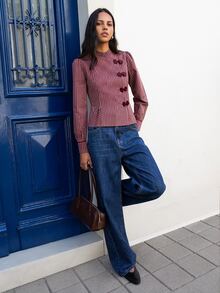Nöista  Burgundy Striped,Chinese-Style Diagonal-Front Top, Urban Simplicity Elegance. Comfortable,Commuting,Quintessential Wardrobe,Fall Winter,Going Out - Apricot - View 5