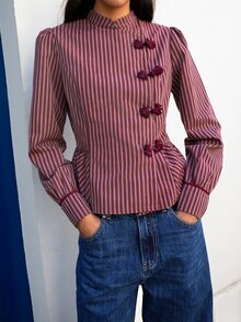 Nöista  Burgundy Striped,Chinese-Style Diagonal-Front Top, Urban Simplicity Elegance. Comfortable,Commuting,Quintessential Wardrobe,Fall Winter,Going Out - Apricot - View 2