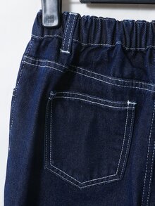 Tween Boy 2 Pieces Set Dark Blue Denim Outfit, Vintage Contrast Stitching Lapel Button-Up Jacket Elastic Waist Loose Straight Leg Pants Casual Fall - Dark Wash - View 5