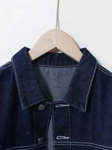 Tween Boy 2 Pieces Set Dark Blue Denim Outfit, Vintage Contrast Stitching Lapel Button-Up Jacket Elastic Waist Loose Straight Leg Pants Casual Fall - Dark Wash - View 8