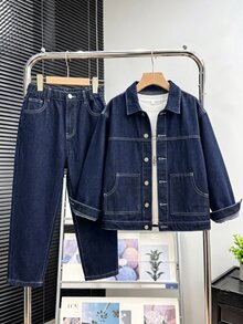 Tween Boy 2 Pieces Set Dark Blue Denim Outfit, Vintage Contrast Stitching Lapel Button-Up Jacket Elastic Waist Loose Straight Leg Pants Casual Fall - Dark Wash - View 3