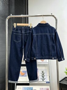 Tween Boy 2 Pieces Set Dark Blue Denim Outfit, Vintage Contrast Stitching Lapel Button-Up Jacket Elastic Waist Loose Straight Leg Pants Casual Fall - Dark Wash - View 2