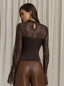 Aloruh Women's Autumn/Winter Lace Patchwork Flare Sleeve Top - Brown - View 2