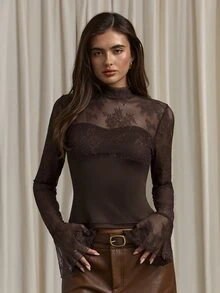 Aloruh Women's Autumn/Winter Lace Patchwork Flare Sleeve Top - Brown - View 7