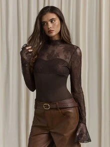 Aloruh Women's Autumn/Winter Lace Patchwork Flare Sleeve Top - Brown - View 4